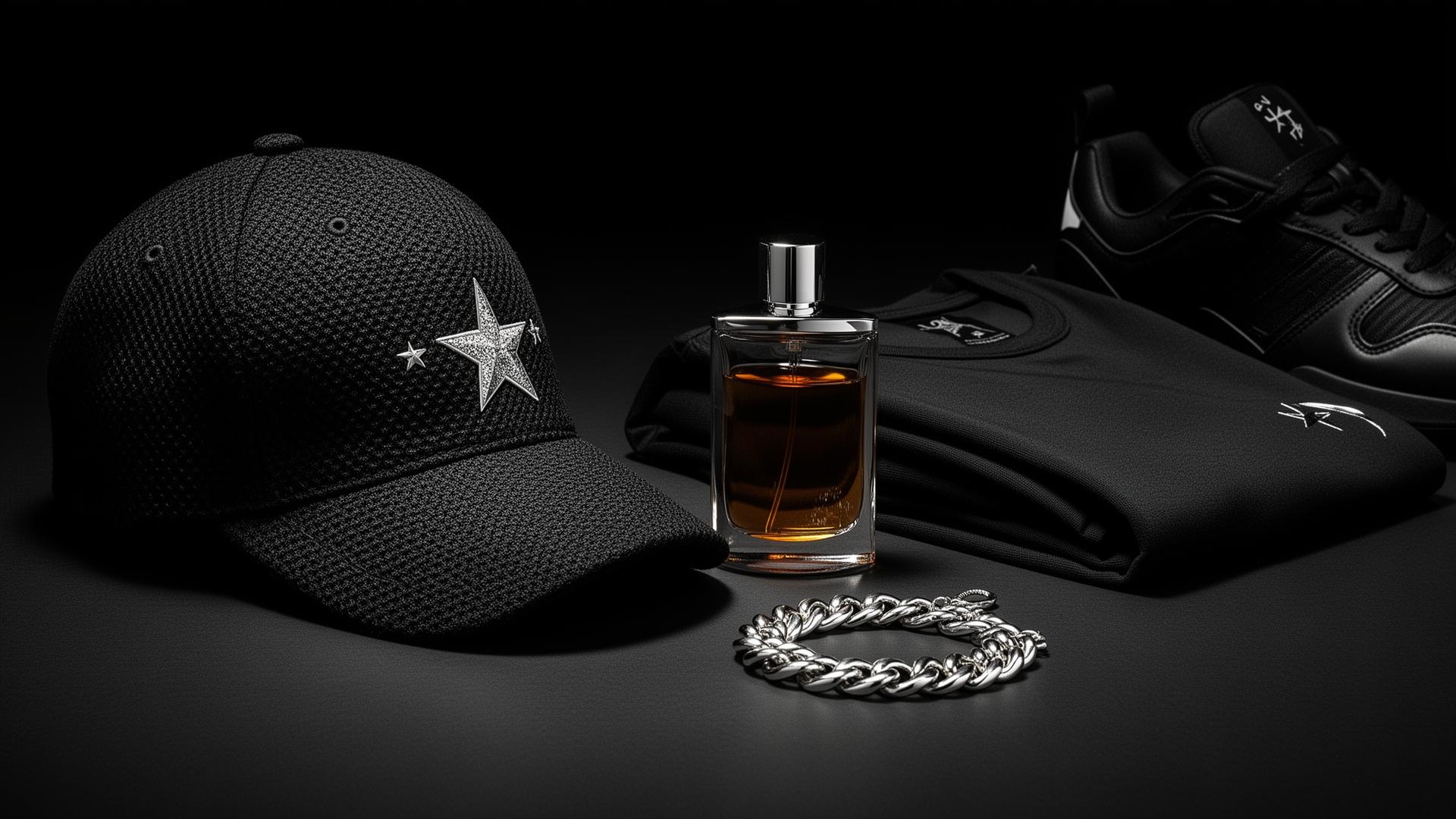 Composición editorial de productos Boutique CRDNS sobre fondo negro